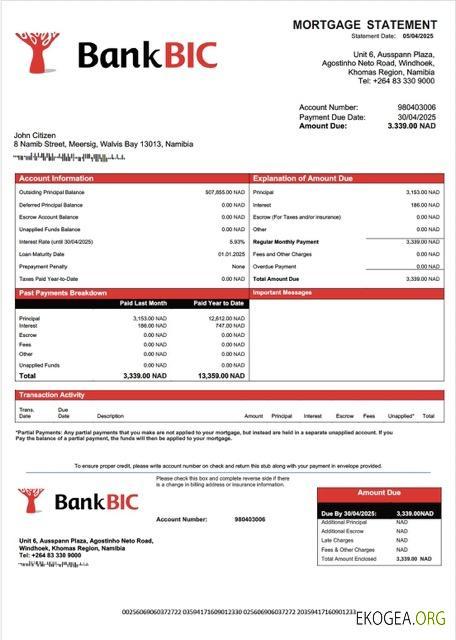 Modèle Word et PDF de relevé hypothécaire de la Banque de Namibie BIC Namibie